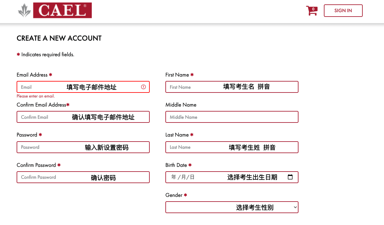 CAEL新建账号 考生信息填写说明